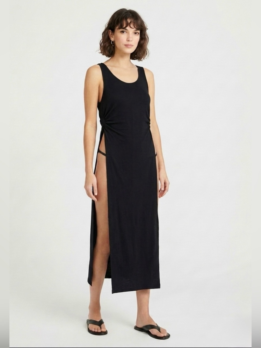 Free People Beach Black Ribbed Midi Tank Dress Side Slits Under Bust Size L